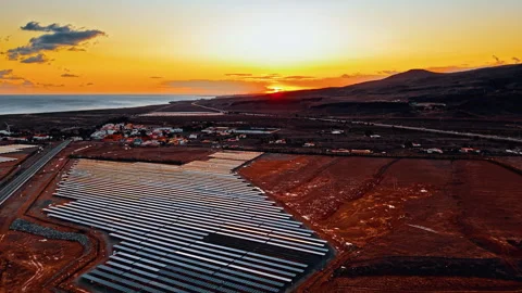 Stunning sunset over solar panels in Gran Canaria, Spain Stock Footage 296922640