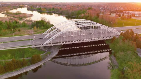 Stunning sunset over Vimy Memorial bridge, Ottawa. Aerial view Video stock 273982817