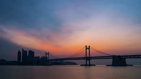 Stunning sunset view of a modern suspension bridge and city skyline. Video stock 342819953