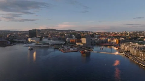 Stunning sunset views over the harbor in Oslo Stock Footage 320290442