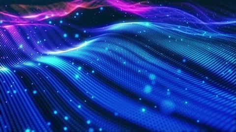 Stunning surface composed of neon glow particles that form waves of light Video stock 259701276