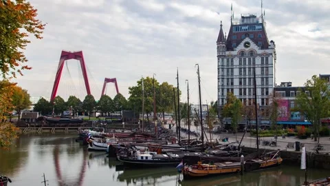 Stunning timelapse captures Oude Haven harbor life amid autumn clouds Stock Footage 312930933