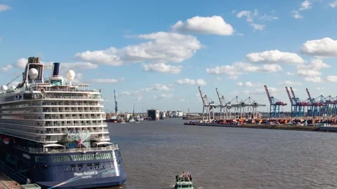 Stunning timelapse of massive cruise ship at Hamburg port with skyline views Stock Footage 309572080
