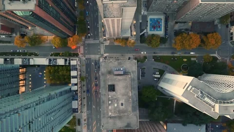 Stunning top drone view of building rooftops, modern downtown skyscrapers Stock Footage 320531943