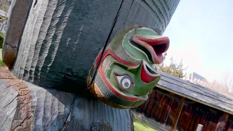Stunning Totem Pole Close Up Open Face, Wooden Carving Native Art Stock Footage 158340585
