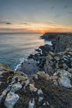 Stunning vibrant landscape image of cliffs around St Govan's Head on Pembroke Stock Photos