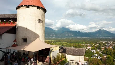 Stunning View from Bled Castle Overlooking Mountains and Village Stock Footage 325257263
