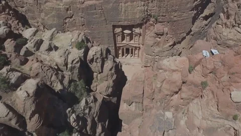Stunning view from a cave of the Ad Deir - Monastery in the ancient city Stock Footage 145498407