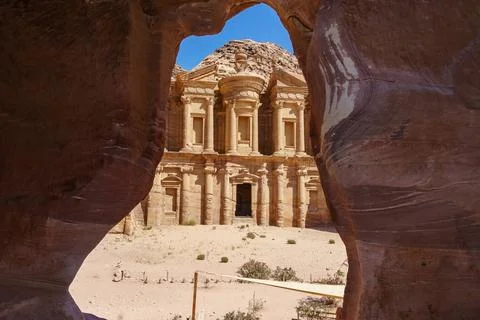 Stunning view from a cave of the Ad Deir - Monastery in the ancient city of.. Fotos de archivo