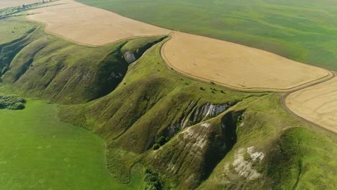 Stunning View of the Collective Farm Fields. Hills and Ravines. Beautiful View F Stock Footage 197334885
