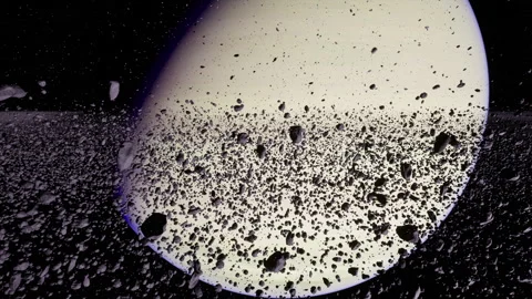 Stunning view of debris field surrounding a distant celestial body in space Stock Footage 321773809