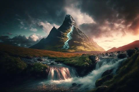 Stunning view of a large mountain, with a waterfall in the foreground Stock Illustration