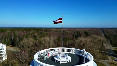 Stunning View of Latvian Flag and Forest in Jurmala from Aerial Perspective Stock Footage 327782532