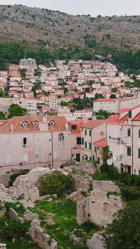 Stunning view of little town with white houses in mountains. Vertical footage of Stock Footage 313847054