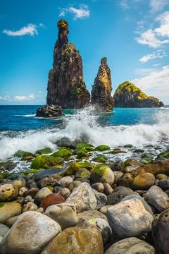 Stunning view with mossy cliffs in the Atlantic Ocean, Madeira Stock Photos