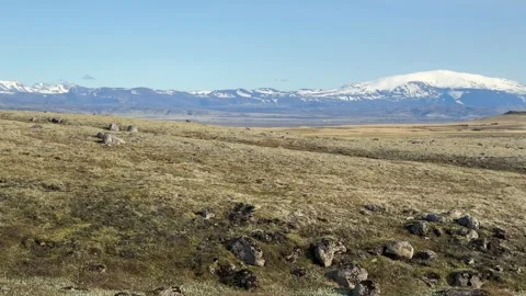 Stunning view of mountains and Langjokull glacier on the road to Haifoss waterfa Stock Footage 331513896