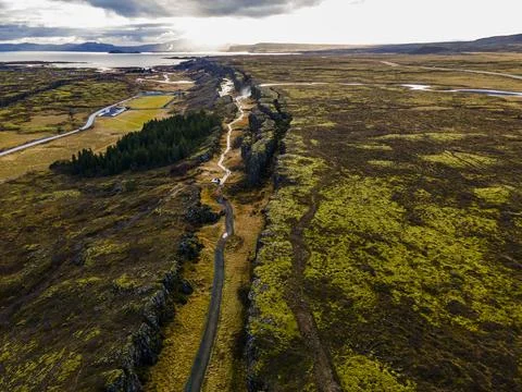 Stunning view of path in Thingvellir mid Atlantic canyon in Iceland Stock Photos