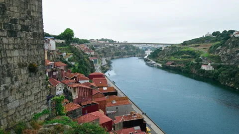 Stunning view from Ponte Luís I Bridge to central Porto and Douro River. Stock Footage 169653224