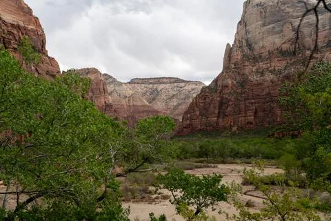 A stunning view of red rocks on a cloudy day at Zion National Park, Utah. Stock Photos