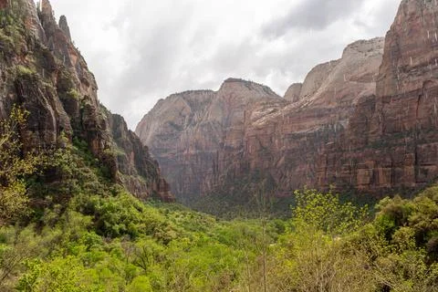 A stunning view of red rocks on a cloudy day at Zion National Park, Utah. Stock Photos