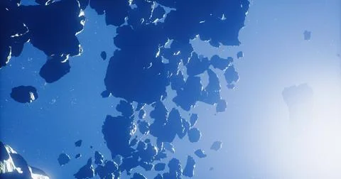 Stunning view of rocky asteroids floating in the deep blue space environment Stock Illustration