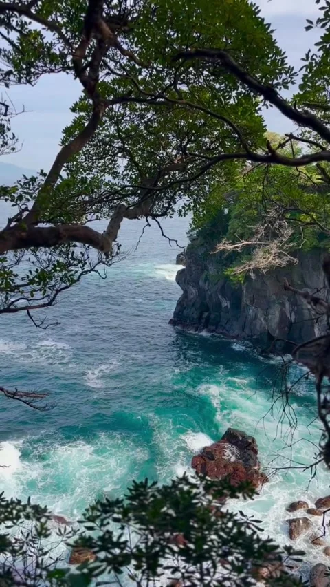 Stunning view of a rugged coastal cliff with turquoise ocean waves crashing Vidéo 334163380