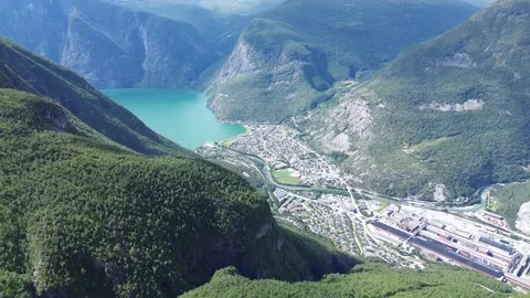 Stunning View Of A Small Town Surrounded With Mountains And Blue Water Stock Footage 255150470