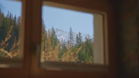 Stunning view of a snowy mountain peak and pine forest from a cozy wooden cabin Stock-Footage 334308392