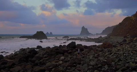 Stunning view of sunset fluffy clouds on orange sky. Landscape of Atlantic ocean Stock Footage 200590378