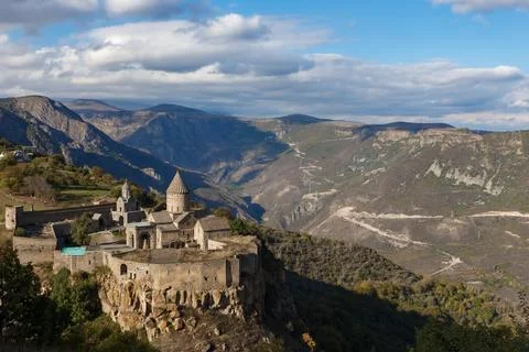Stunning view of Tatev Monastery perched on a cliff in Syunik Province, Armen Stock Photos