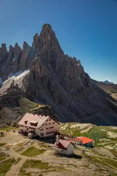 Stunning view to Tre Cime and Dreizinnen hut in Dolomites Stock Photos