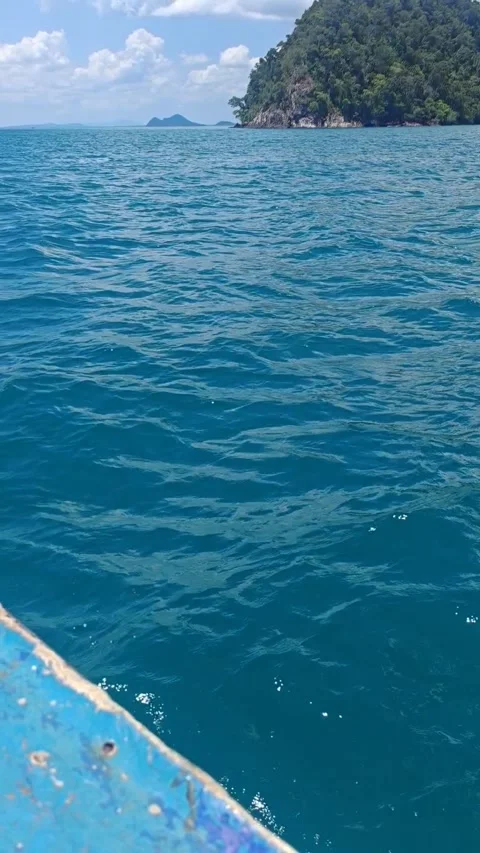 Stunning View of Turquoise Ocean and Lush Tropical Island from a Moving Boat Video stock 334387033