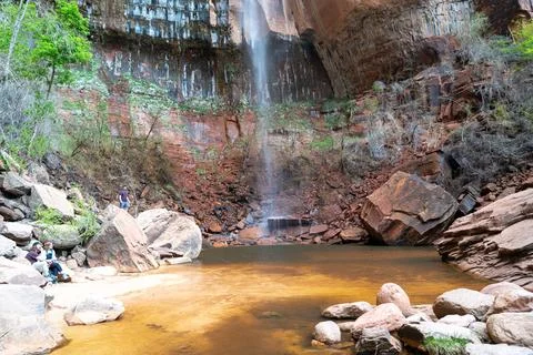 A stunning view of the waterfall at the Lower Emerald Pool in Zion NP, Utah. Stock Photos