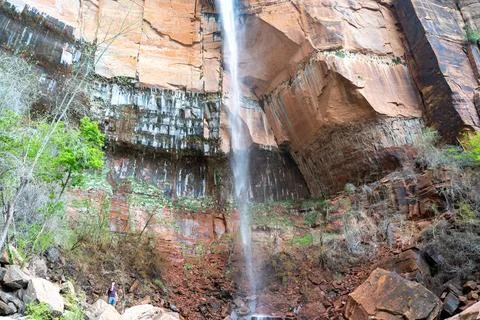 A stunning view of the waterfall at the Lower Emerald Pool in Zion NP, Utah. Stock Photos