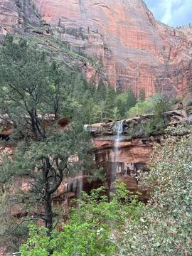A stunning view of the waterfall at the Lower Emerald Pool in Zion NP, Utah. Stock Photos