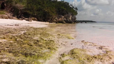 Stunning views of the sandy beach with a stone cape and the sea Stock Footage 134947386