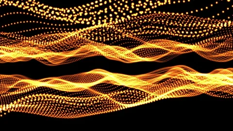 Stunning visual of golden particles forming dynamic waves against pitch-black Stockbeeldmateriaal 275250082