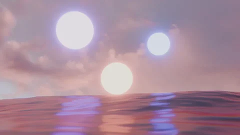 Stunning visual of three celestial bodies rising over a tranquil ocean at sunset Stock Footage 321955699