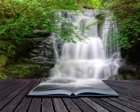 Stunning waterfall flowing over rocks through lush green forest with long exp Stock Illustration