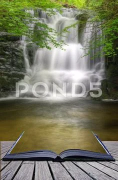 Stunning waterfall flowing over rocks through lush green forest with long exp Stock Illustration