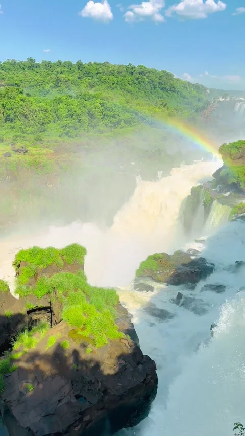 Stunning waterfall with a visible rainbow surrounded by lush greenery. Vídeos de archivo 276617497
