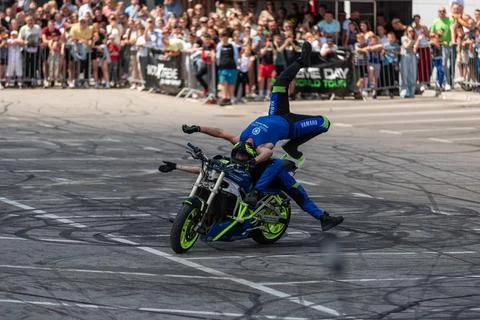 Stunt driver Dejan Spoljar with crew on moto fest Stock Photos