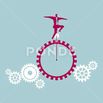 Stunt performance, the wheelbarrow runs on the gears. Stock Illustration