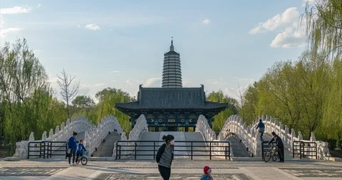 Stupa &amp; Hall &amp; Bridge sunset(30sec) 4K Stock Footage 129433162