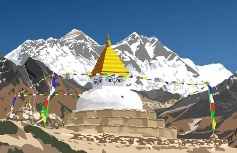 Stupa prayer flags Mount Everest Lhotse peak Stock Illustration