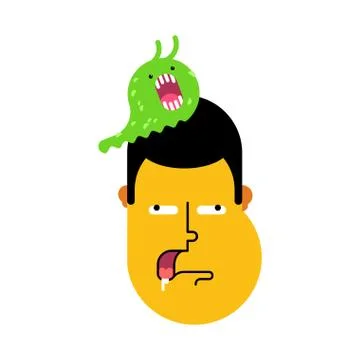 Stupid face. Slug on head was eating brains. Silly head. sheepish guy. Vector Stock Illustration