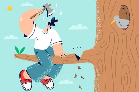 Stupid man cutting branch on which he sit Stock Illustration