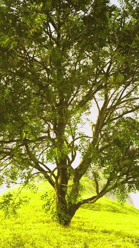 Sturdy bark patterns, Branches extend into plush leafy cover Video stock 327616478