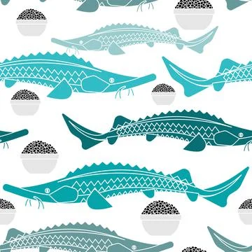 Sturgeon and black caviar pattern seamless. fish background. vector texture Stock Illustration