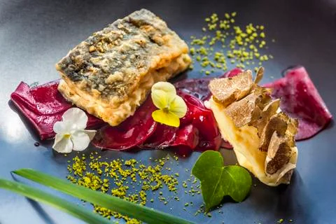 Sturgeon with beetroot carpaccio Stock Photos